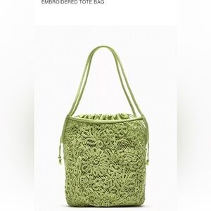Zara Light Green Embroidered Tote Bag
